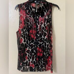 Damee Inc Leopard  Print Mesh Jeweled Vest Sleeveless Wearable Art to Wear